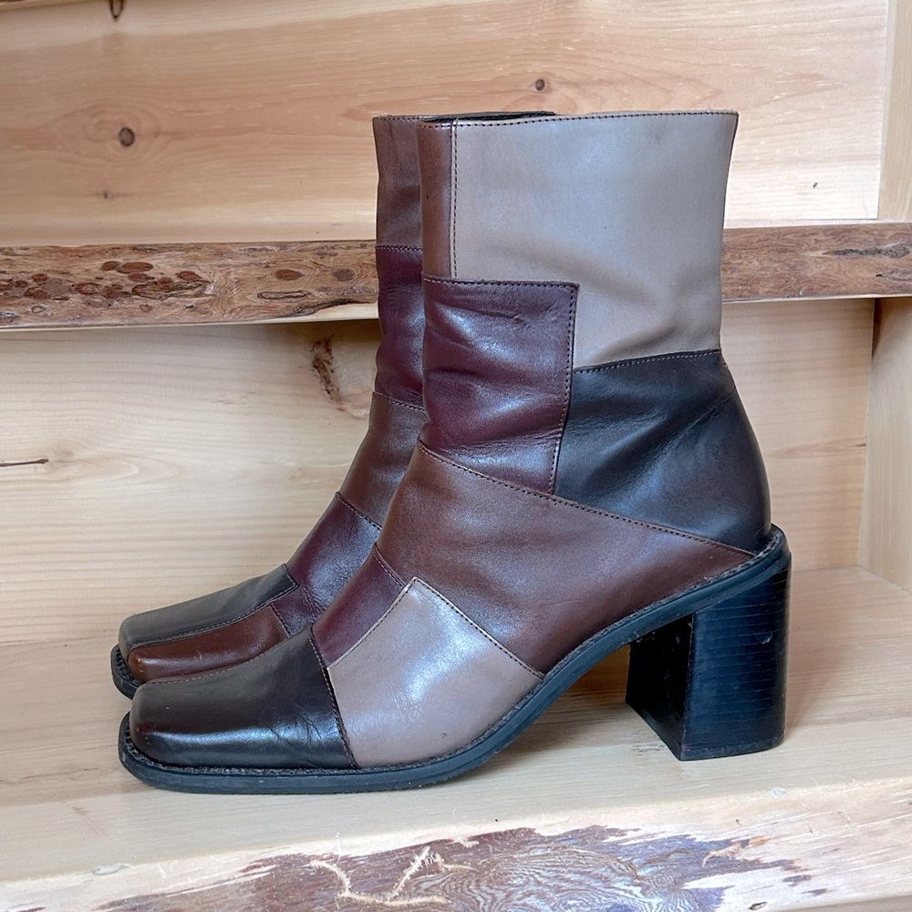 Patchwork Leather Ankle Boots - Brown and Tan